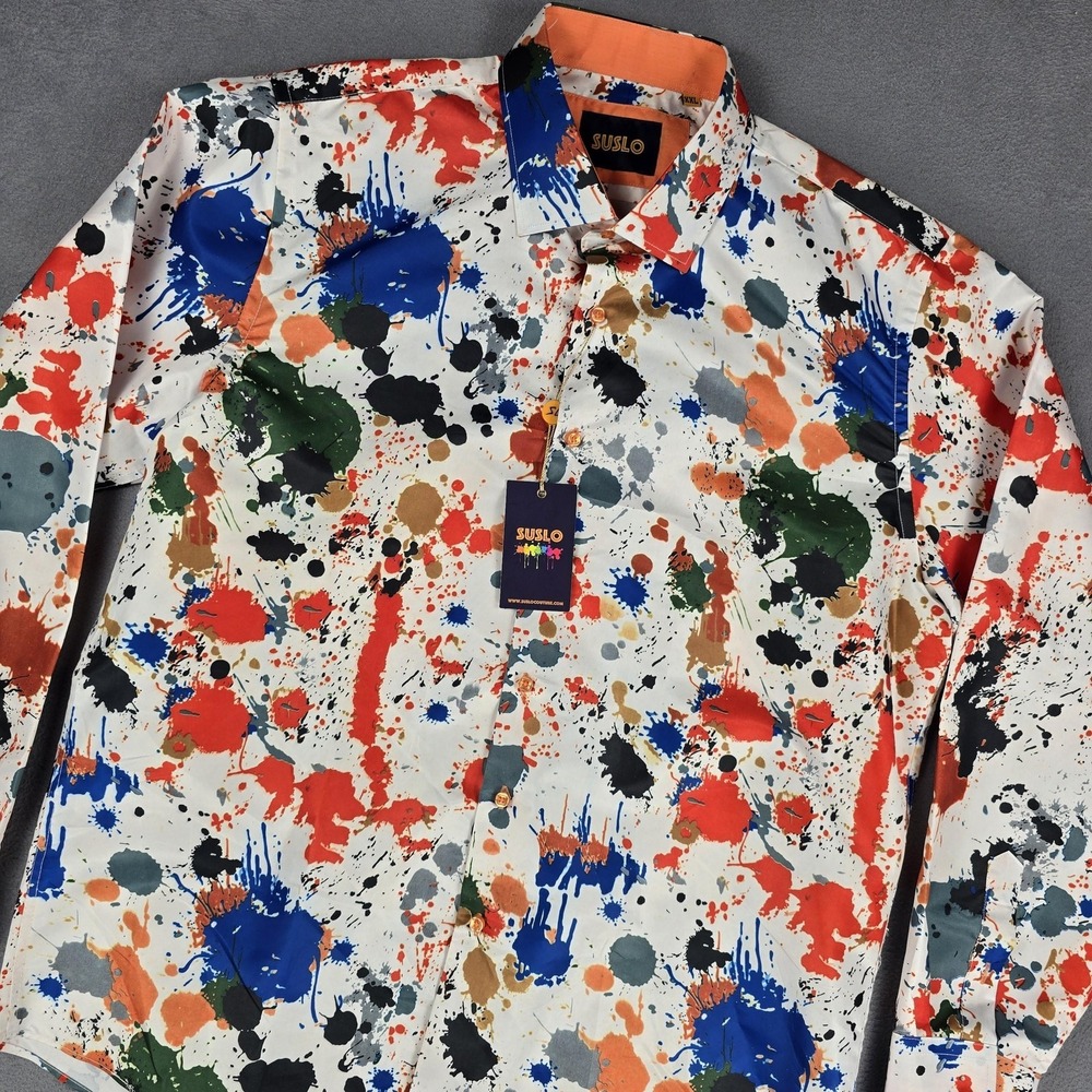 Suslo Shirt‎ Mens 2XL Multicolor Paint Splatter Satin Button Up Long Sleeve